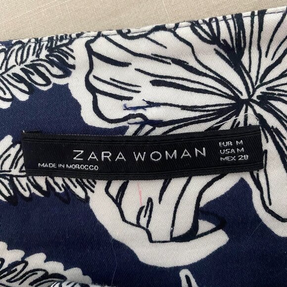 Zara Navy and White Floral Midi Skirt Pockets Cotton Size M - Picture 7 of 7
